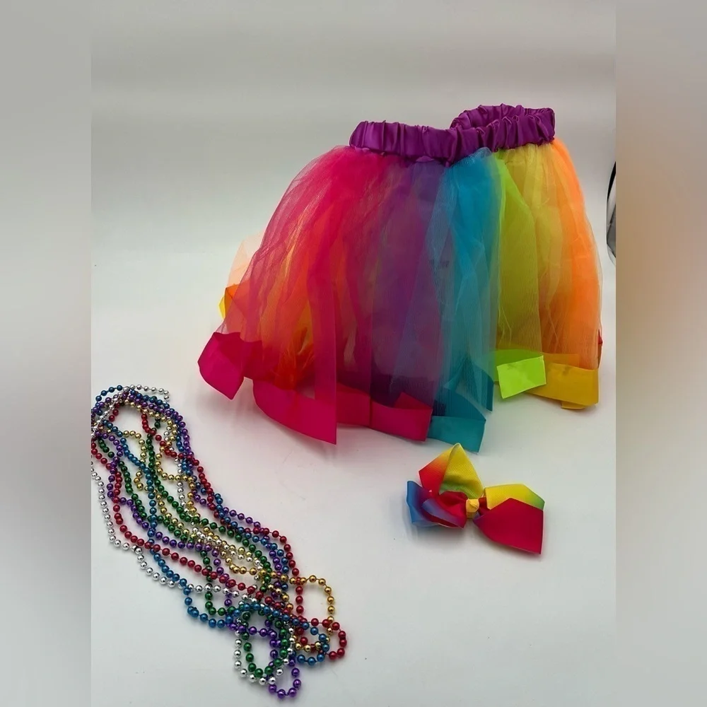 Colorful Kids Tutu, Bow, and Bead Set - Rainbow - Size L - New, Never Worn